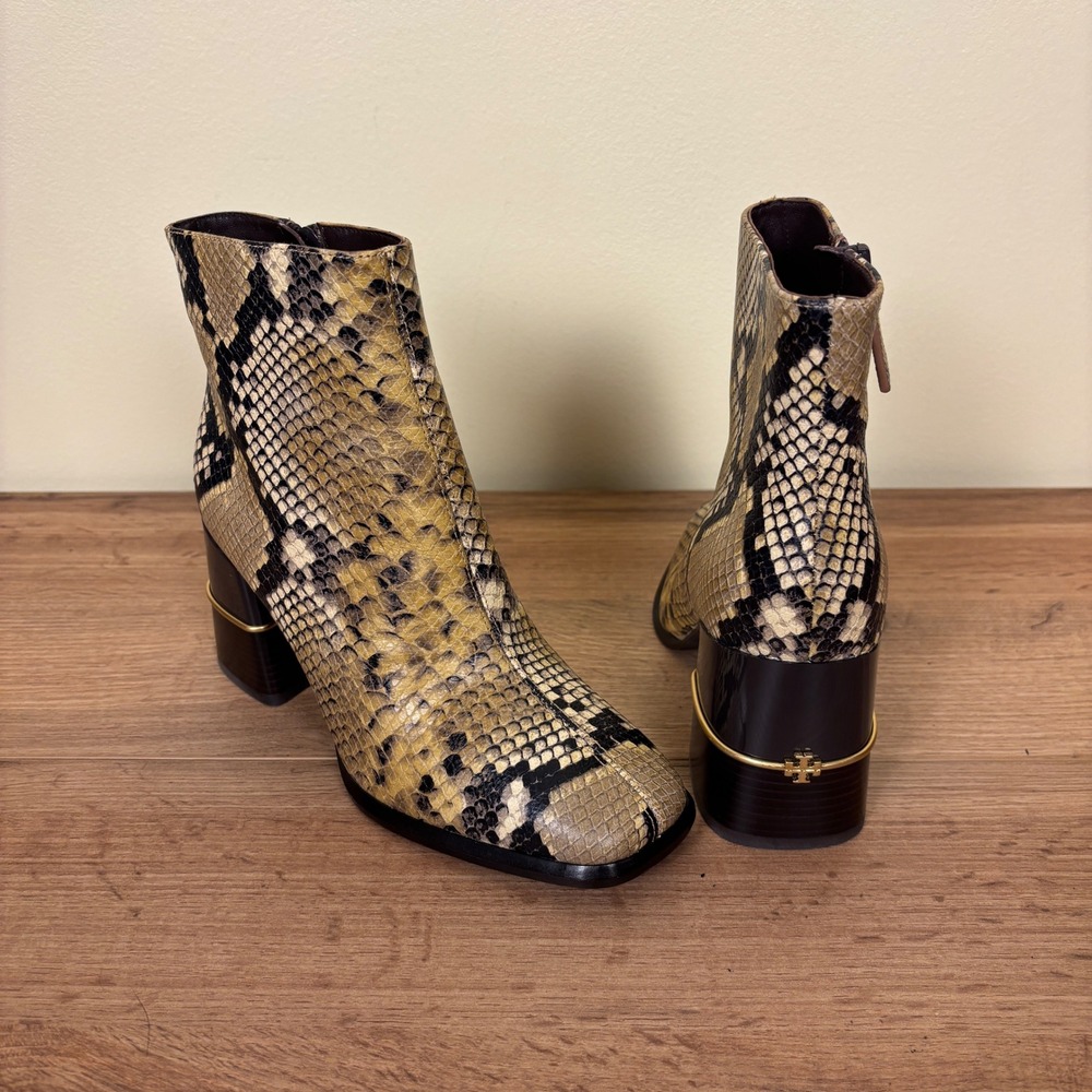 TORY BURCH Snakeskin-Embossed Leather Ankle Boots Sand Drift Women Size 5.5 Heel